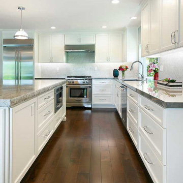 Dark Wood Flooring Beautifully Contrasts with White Cabinetry