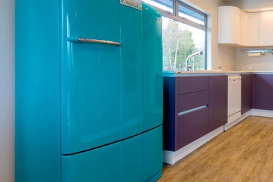 Diseño de cocina moderna de tamaño medio sin isla con puertas de armario violetas, suelo de madera en tonos medios y suelo marrón