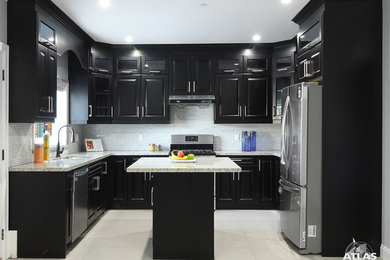 Example of a mid-sized trendy u-shaped porcelain tile eat-in kitchen design in Vancouver with an undermount sink, raised-panel cabinets, dark wood cabinets, quartzite countertops, white backsplash, glass tile backsplash, stainless steel appliances and an island