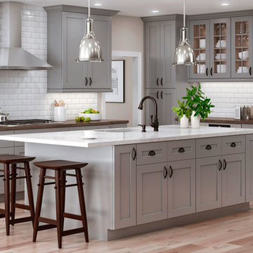 Warm Grey Cabinets in Classic Shaker Cabinets.