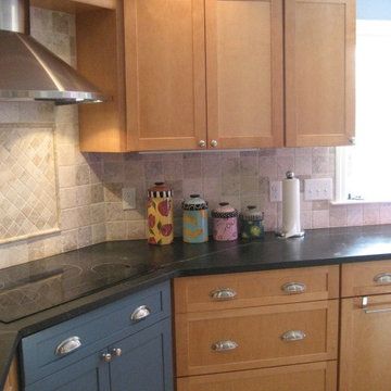 Warm maple and blue kitchen