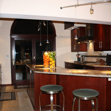 Washington Twp NJ Contemporary Kitchen - Burgundy Cherry Granite - Angled Island