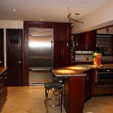 Washington Twp NJ Contemporary Kitchen - Burgundy Cherry Granite - Angled Island