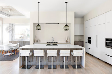 Large trendy light wood floor and beige floor eat-in kitchen photo in DC Metro with an undermount sink, flat-panel cabinets, white cabinets, quartz countertops, white backsplash, an island and paneled appliances