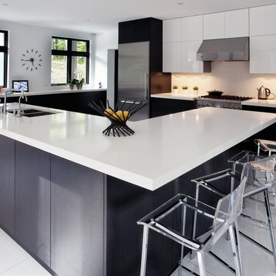 Trendy kitchen photo in New York with a double-bowl sink, flat-panel cabinets, white cabinets, white backsplash and stainless steel appliances