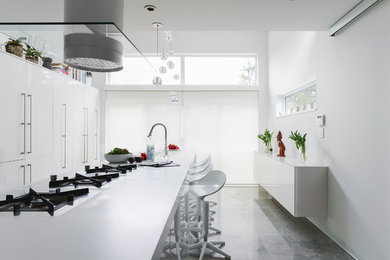 バンクーバーにあるラグジュアリーな広いコンテンポラリースタイルのおしゃれなキッチン (アンダーカウンターシンク、フラットパネル扉のキャビネット、白いキャビネット、白い調理設備、コンクリートの床) の写真