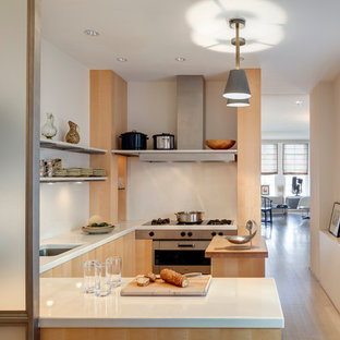 Foto di una piccola cucina ad U chic chiusa con lavello sottopiano, nessun'anta, elettrodomestici in acciaio inossidabile, parquet chiaro, penisola, ante in legno chiaro e top in superficie solida