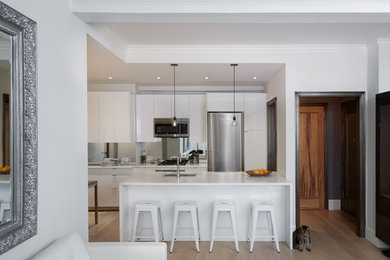 Inspiration for a small contemporary galley light wood floor and beige floor eat-in kitchen remodel in New York with an undermount sink, flat-panel cabinets, white cabinets, marble countertops, stainless steel appliances and an island