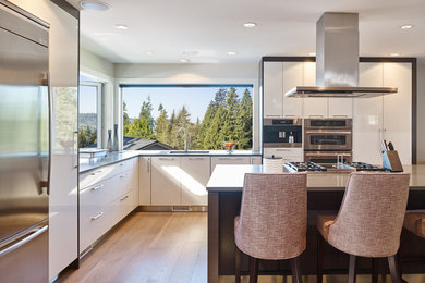 Cette image montre une cuisine design avec un placard à porte plane, des portes de placard blanches et un évier encastré.