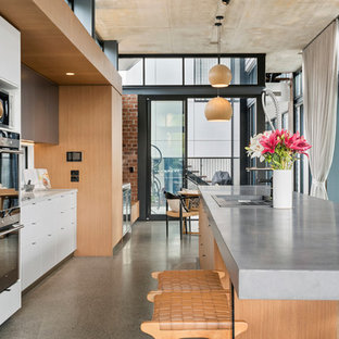 Inspiration for an expansive industrial galley open plan kitchen in Brisbane with concrete benchtops, concrete floors, with island, grey benchtop, flat-panel cabinets, white cabinets, stainless steel appliances and grey floor.