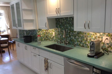 Example of a large classic u-shaped ceramic tile kitchen pantry design in Los Angeles with a single-bowl sink, raised-panel cabinets, white cabinets, multicolored backsplash, glass tile backsplash, stainless steel appliances and no island