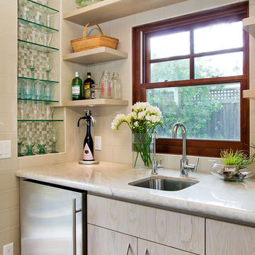 Wet Bar with tiled niche for glassware and floating shelves