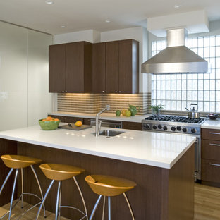 Contemporary kitchen photos - Trendy kitchen photo in San Francisco with stainless steel appliances, flat-panel cabinets, dark wood cabinets and multicolored backsplash