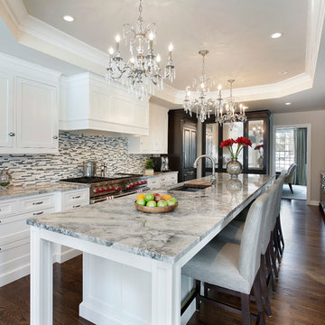 White and Gray Open Kitchen with Traditional Chandeliers, Bar Stools and Super W