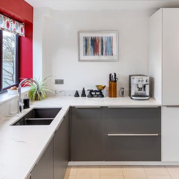 White and Grey Contemporary Kitchen with Red Accents