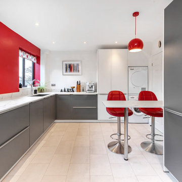 White and Grey Contemporary Kitchen with Red Accents
