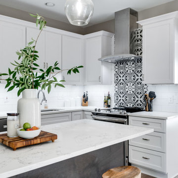 White and Grey Transitional Farmhouse Inspired Kitchen