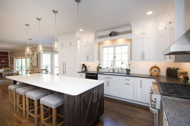 Large transitional l-shaped dark wood floor and brown floor eat-in kitchen photo in Other with an undermount sink, beaded inset cabinets, white cabinets, white backsplash, subway tile backsplash, paneled appliances, an island and black countertops