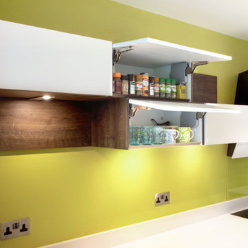 White & wood effect matt kitchen with a variety of storage