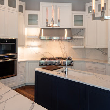 White Beaded Inset Cabinets with Double Navy Island