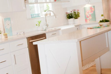 Transitional kitchen photo in Grand Rapids with quartzite countertops and an island