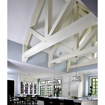 White Cabinet Kitchen with Cathedral Ceiling and Complex Beam Detail