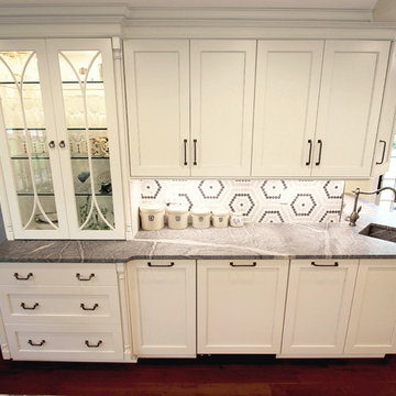 White Cabinets, Grey Countertops and Edgy Tile Backsplashgro