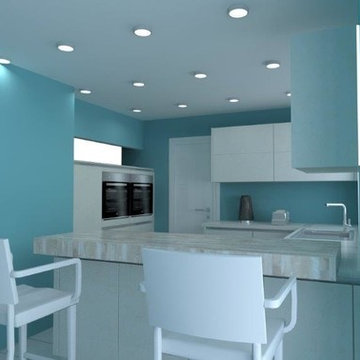 White Concrete Effect Handle-less Kitchen and Laminate Worktops
