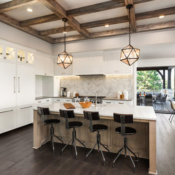 White Craftsman Style Kitchen with Wooden Ceiling Beam Accents and a White Shake