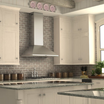 White farmhouse kitchen featuring a ZLINE KF1 Stainless Steel Range Hood