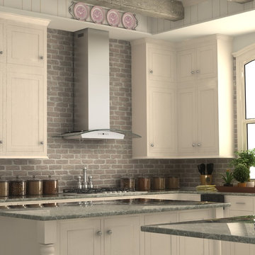 White farmhouse kitchen featuring a ZLINE KZ Stainless Steel Glass Range Hood