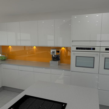 White Gloss Handleless Kitchen with Stainless Steel Worktops and Orange Splashba