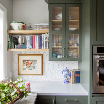 White Hex Tile Backsplash with Green Cabinets