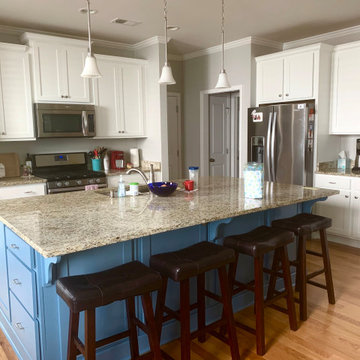 White Kitchen Cabinets with Blue Island