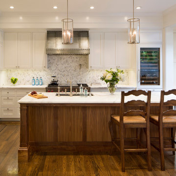 White Kitchen Cabinets with Calacatta Oro Marble Island