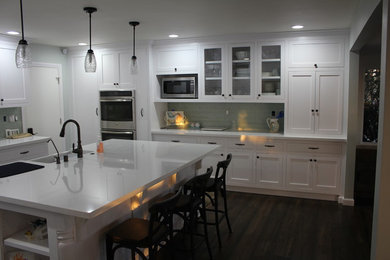 Example of a large transitional u-shaped dark wood floor and brown floor eat-in kitchen design in Los Angeles with a farmhouse sink, shaker cabinets, white cabinets, quartz countertops, gray backsplash, ceramic backsplash, stainless steel appliances and an island