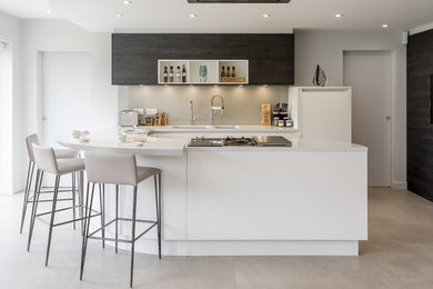 Foto på ett stort funkis kök, med en undermonterad diskho, släta luckor, vita skåp, bänkskiva i kvartsit, grått stänkskydd, glaspanel som stänkskydd, rostfria vitvaror och en halv köksö