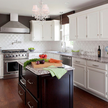 White Kitchen, Stained Island with Bianco Antico Granite, Cork Floors