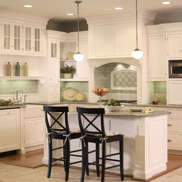 White Kitchen with bead board and green tile backsplash