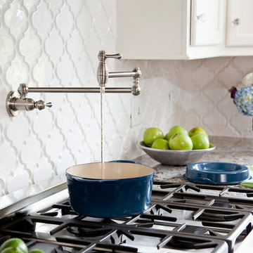White Kitchen with Bianco Antico Granite, Beveled Arabesque tile