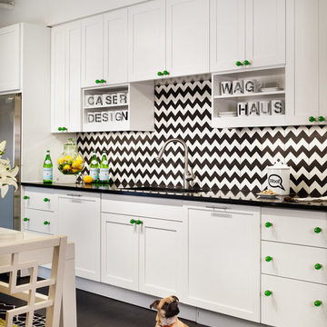 White Kitchen With Black and White Ardoz Cement Tile Backsplash