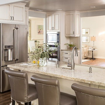 White kitchen with Gray Leather Counter Stools