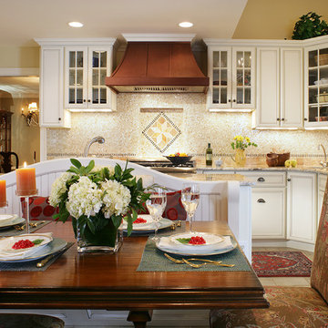 White kitchen with walnut table and banquette for family of four