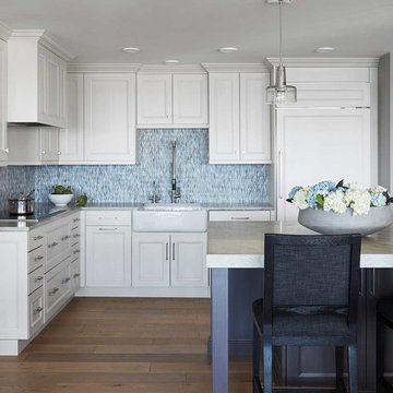 White Maple Cabinets, Farm Sink, and Mosaic Backsplash Tile