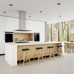 Foto de cocina comedor de galera, escandinava, de tamaño medio, con fregadero encastrado, puertas de armario blancas, encimera de cuarzo compacto, electrodomésticos de acero inoxidable, suelo de baldosas de porcelana y una isla