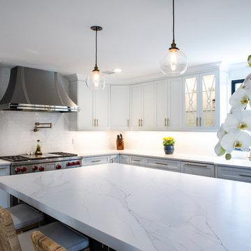 White Modern Kitchen with Compac Quartz Counters and Island