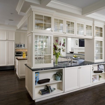 White Painted Recessed Panel Cabinet Kitchen with Soapstone Countertops