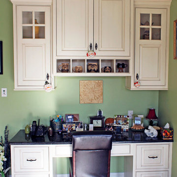 White Traditional Kitchen with Island & Desk Area