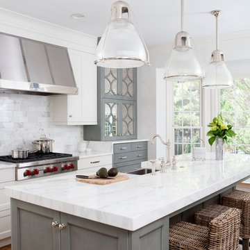 White Transitional Kitchen with Gray Island