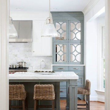 White Transitional Kitchen with Gray Island
